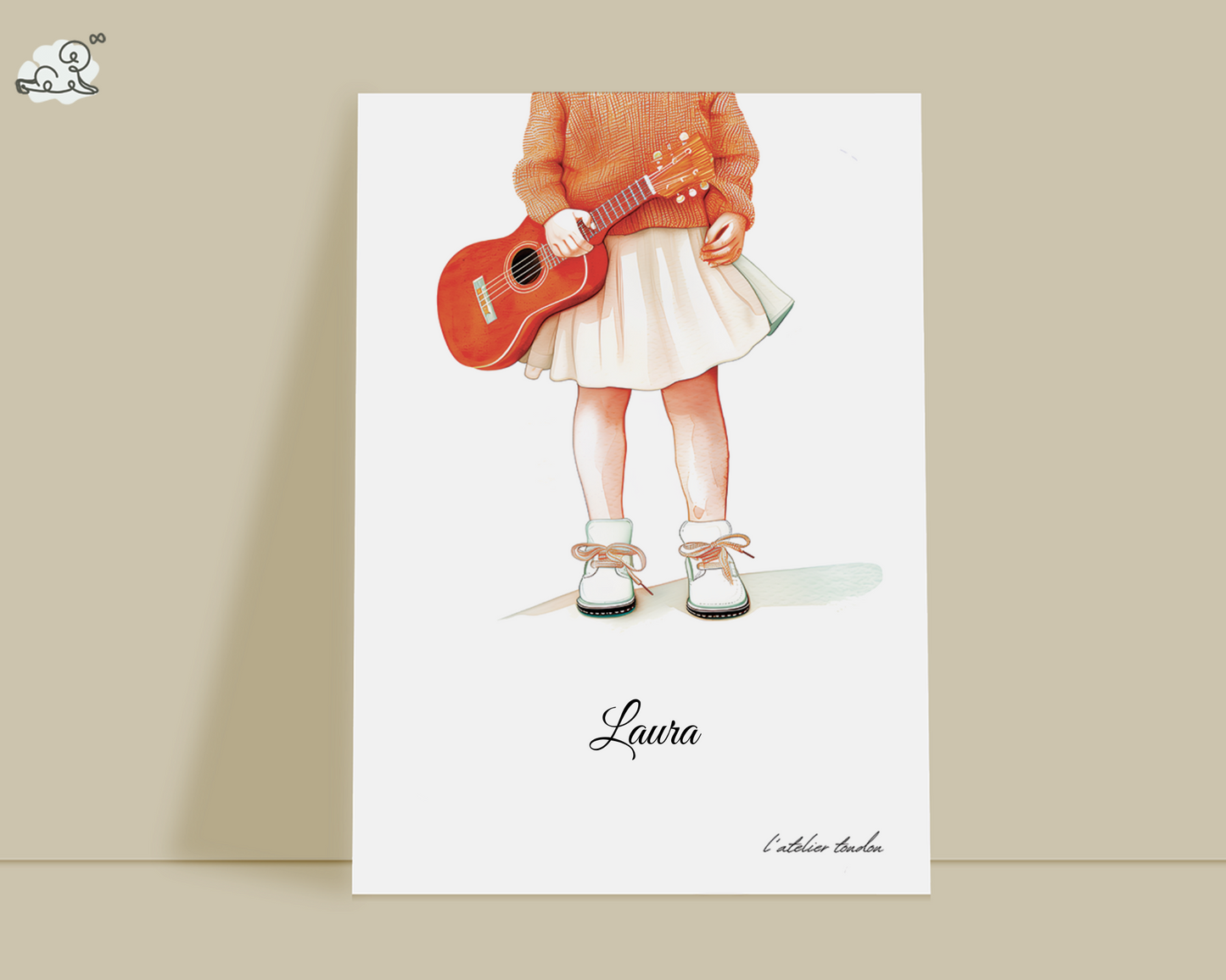 Guitare, guitariste, décoration pour chambre enfant, illustration à offrir, personnalisé, passion musique, aquarelle, petite fille