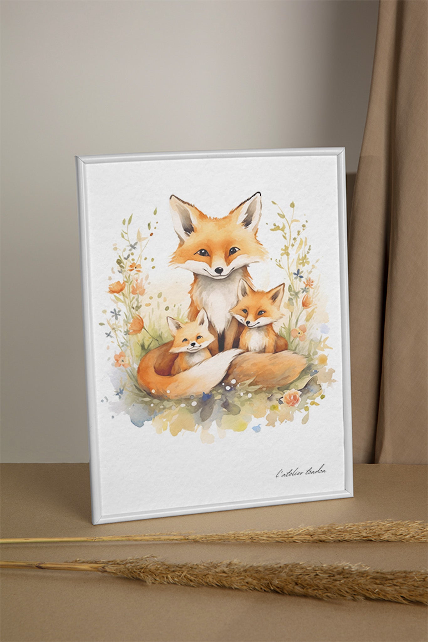 La famille renard, décoration chambre bébé, décoration chambre enfant, aquarel, illustration