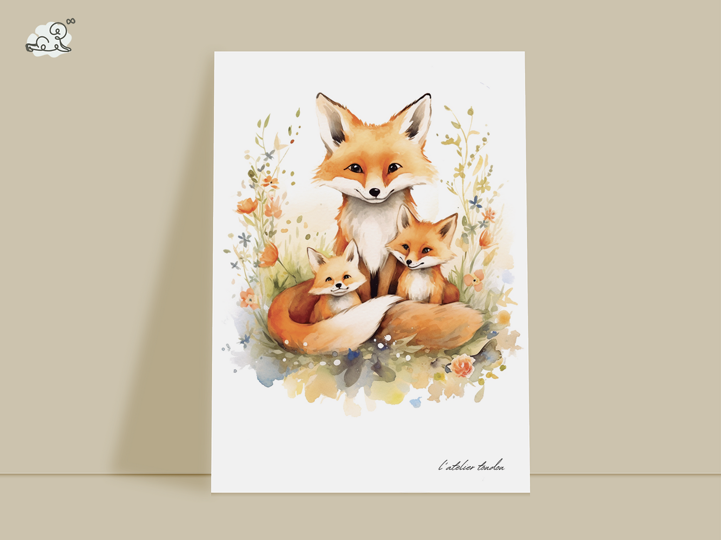 La famille renard, décoration chambre bébé, décoration chambre enfant, aquarel, illustration