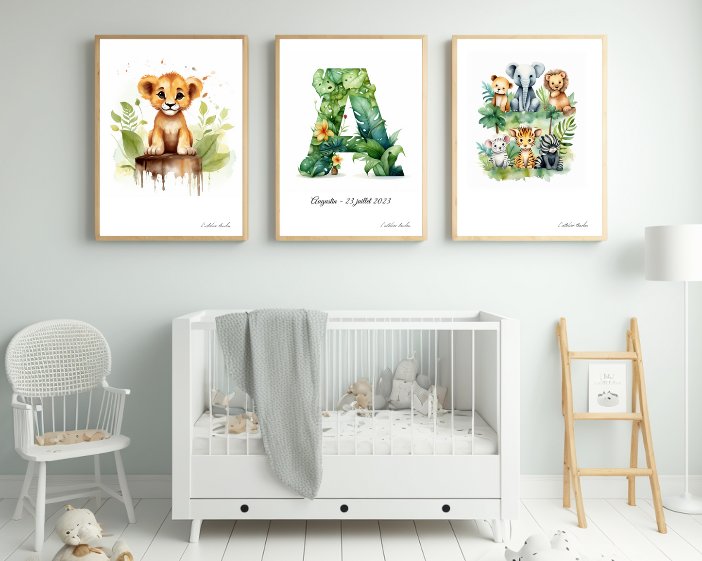 Décoration murale chambre bébé/enfant - Lot 3 illustrations - Thème animaux de la savane