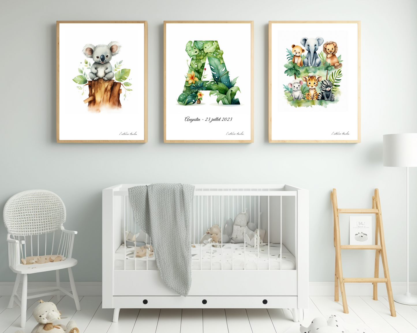 Décoration murale chambre bébé/enfant - Lot 3 illustrations - Thème animaux de la savane