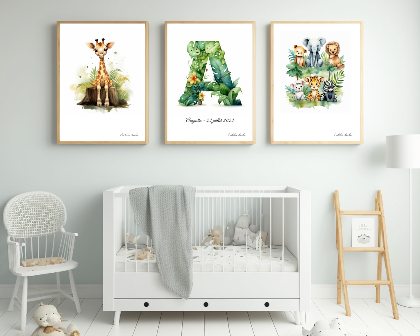 Décoration murale chambre bébé/enfant - Lot 3 illustrations - Thème animaux de la savane