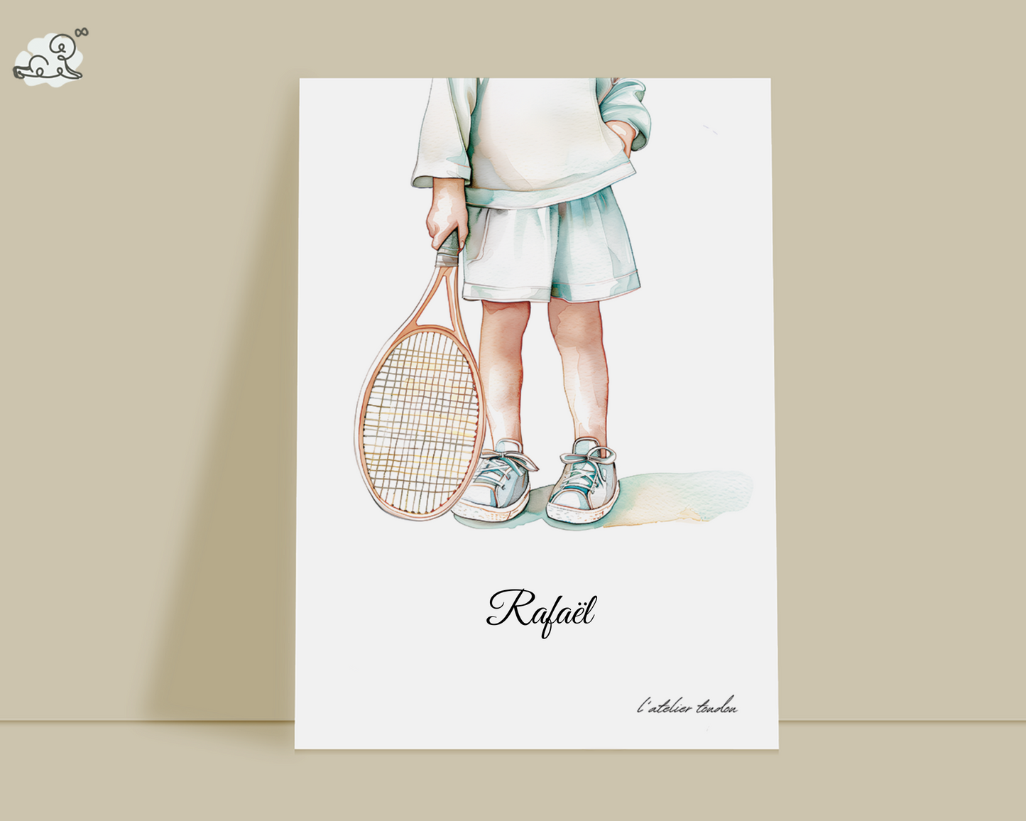 Tennis, joueur de tennis, décoration pour chambre enfant, illustration à offrir, , personnalisé, passion sport, aquarelle, petit garçon