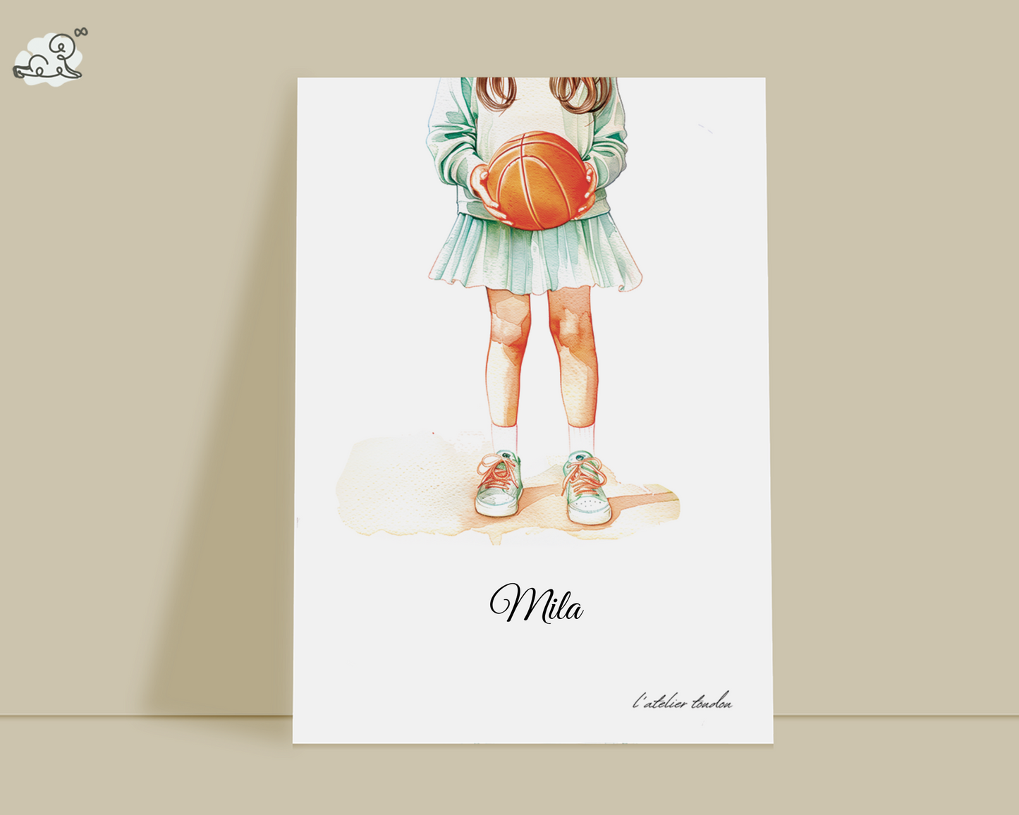 Basket, basketteuse, décoration pour chambre enfant, illustration à offrir, , personnalisé, passion sport, aquarelle, petite fille