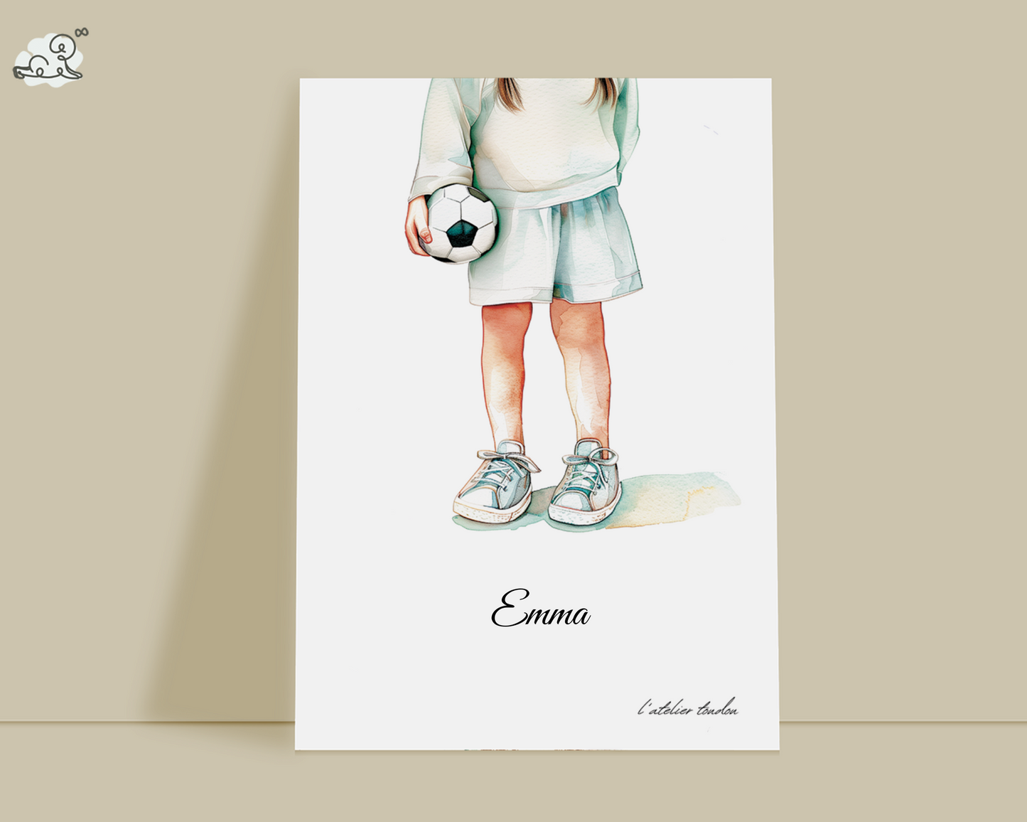 Football, footballeuse, ballon de foot, décoration pour chambre enfant, illustration à offrir, , personnalisé, passion sport, aquarelle, petite fille