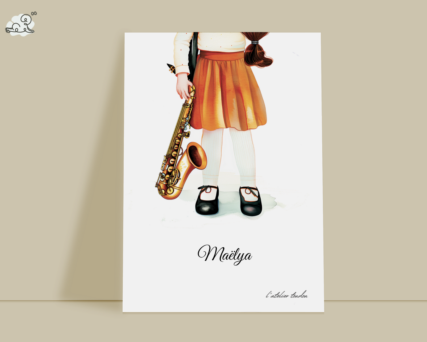Saxophone, saxophoniste pour chambre enfant, illustration à offrir, personnalisé, passion musique, aquarelle, petite fille