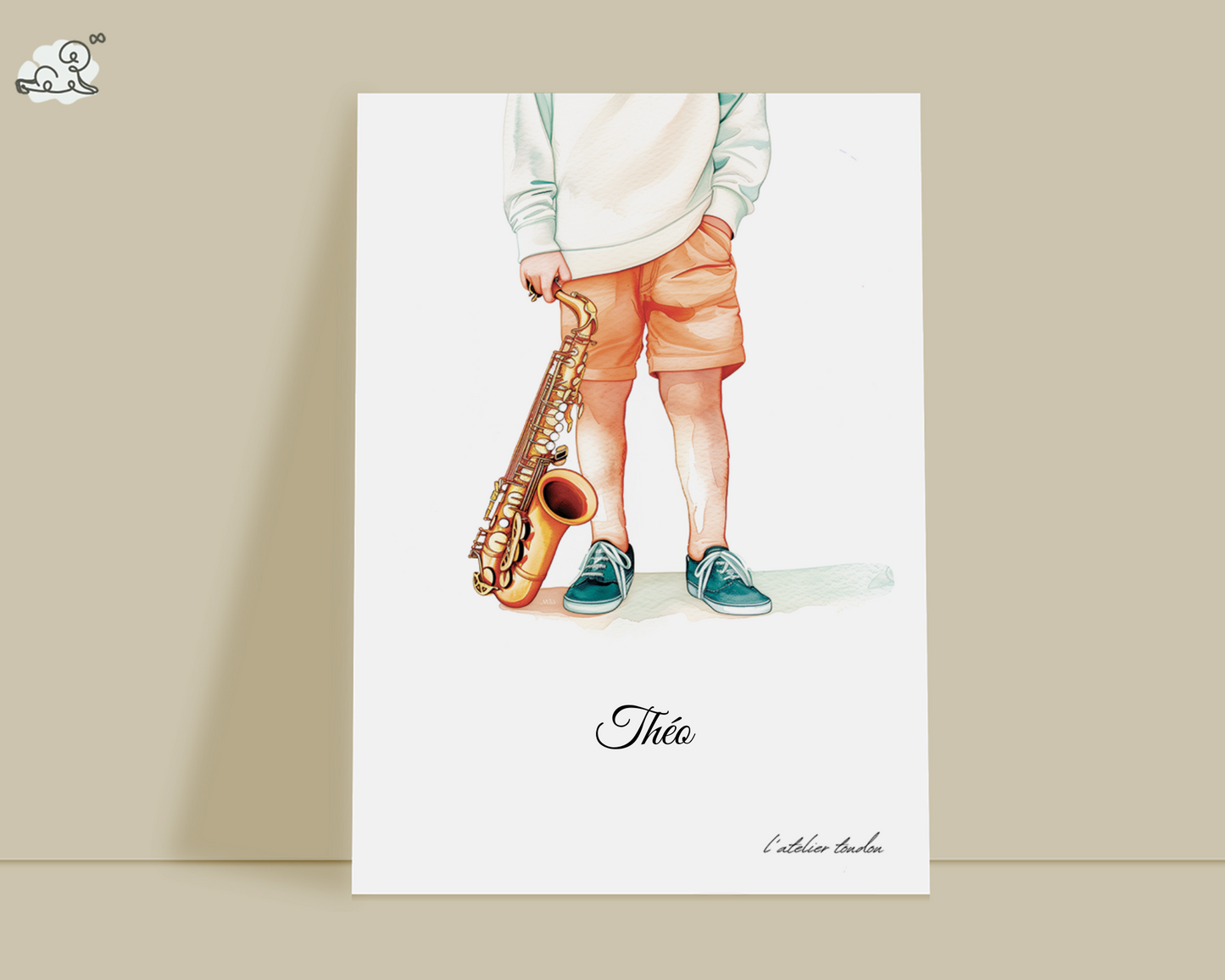 Saxophone, saxophoniste pour chambre enfant, illustration à offrir, personnalisé, passion musique, aquarelle, petit garçon