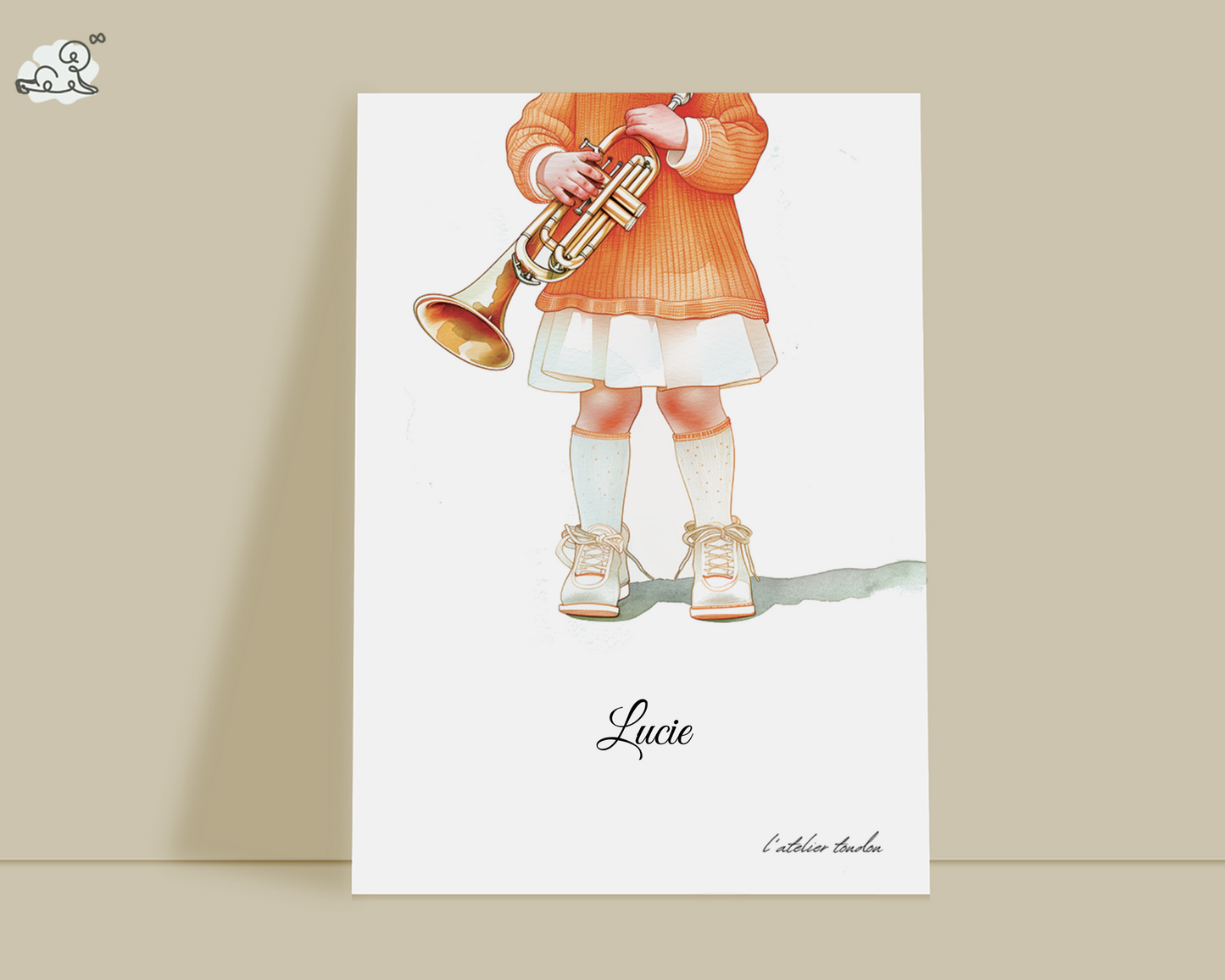 Trompette, trompetiste, décoration pour chambre enfant, illustration à offrir, passion musique, personnalisé, aquarelle, petite fille