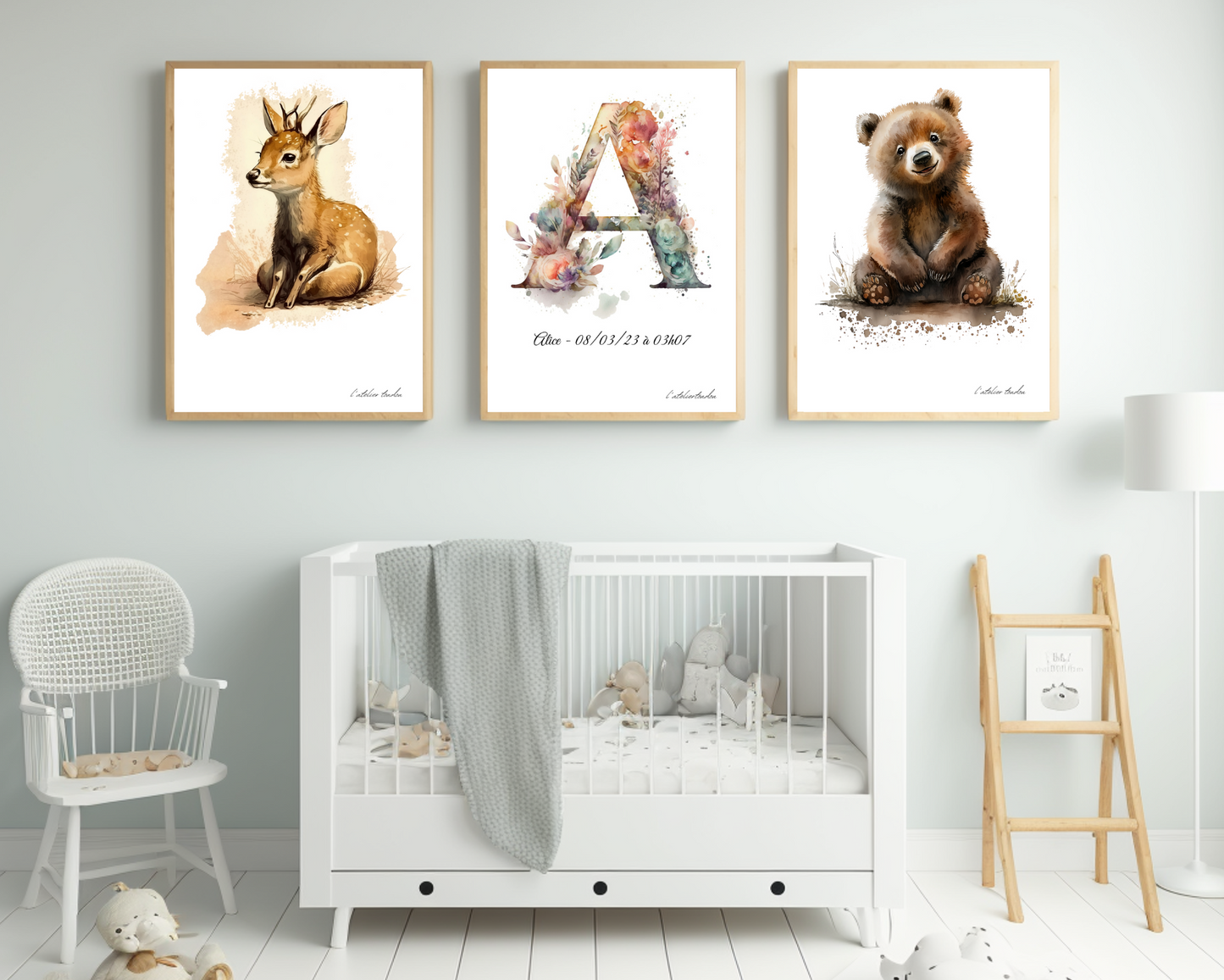 Décoration murale chambre bébé/enfant - Lot 3 illustrations - Thème aquarel - 2 animaux