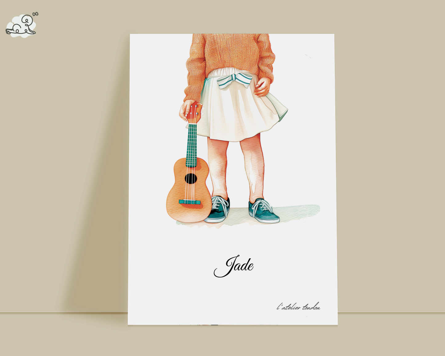 Ukulele, décoration pour chambre enfant, illustration à offrir, personnalisé, passion musique, aquarelle, petite fille