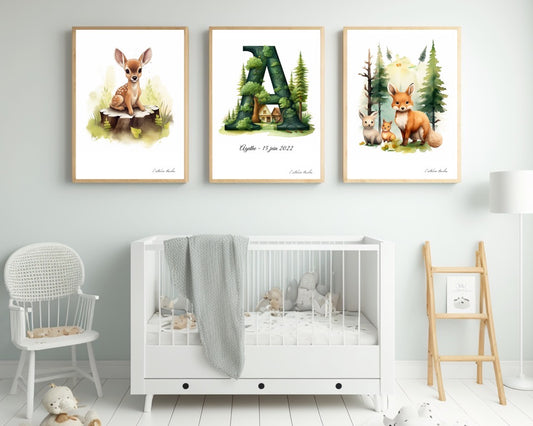 Décoration murale chambre bébé/enfant - Lot 3 illustrations - Thème animaux de la forêt