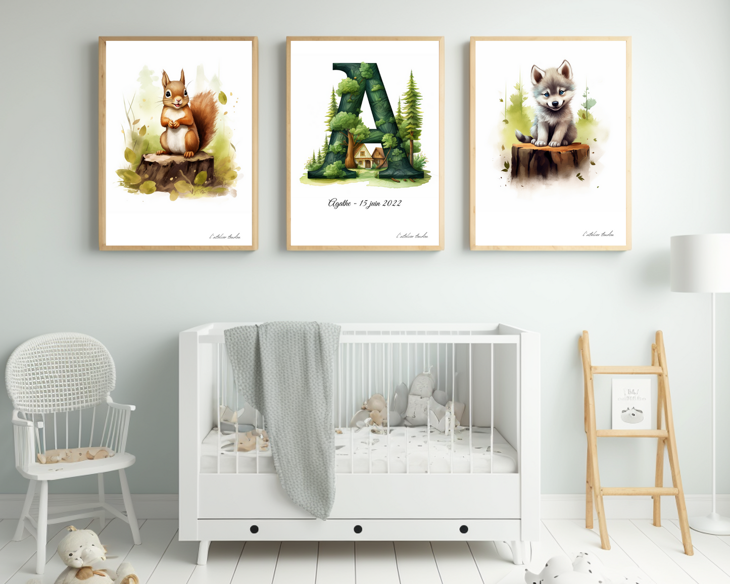Décoration murale chambre bébé/enfant - Lot 3 illustrations - Thème animaux de la forêt - 2 animaux