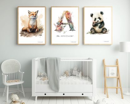 Décoration murale chambre bébé/enfant - Lot 3 illustrations - Thème aquarel - 2 animaux