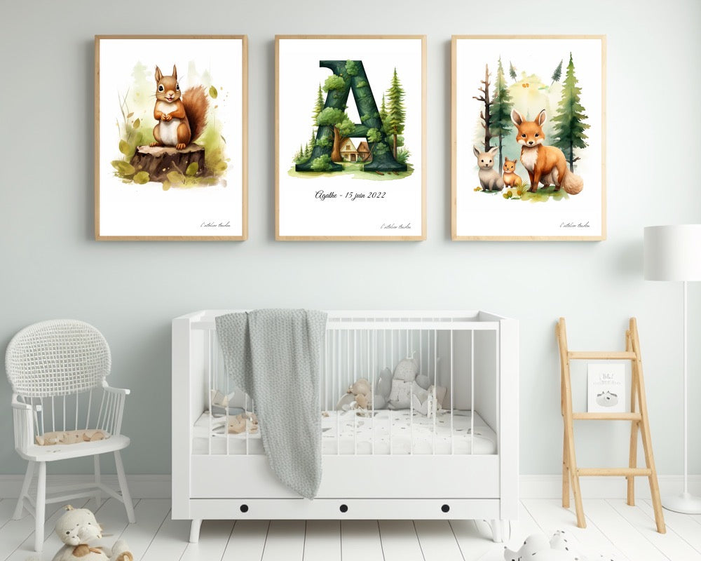 Décoration murale chambre bébé/enfant - Lot 3 illustrations - Thème animaux de la forêt