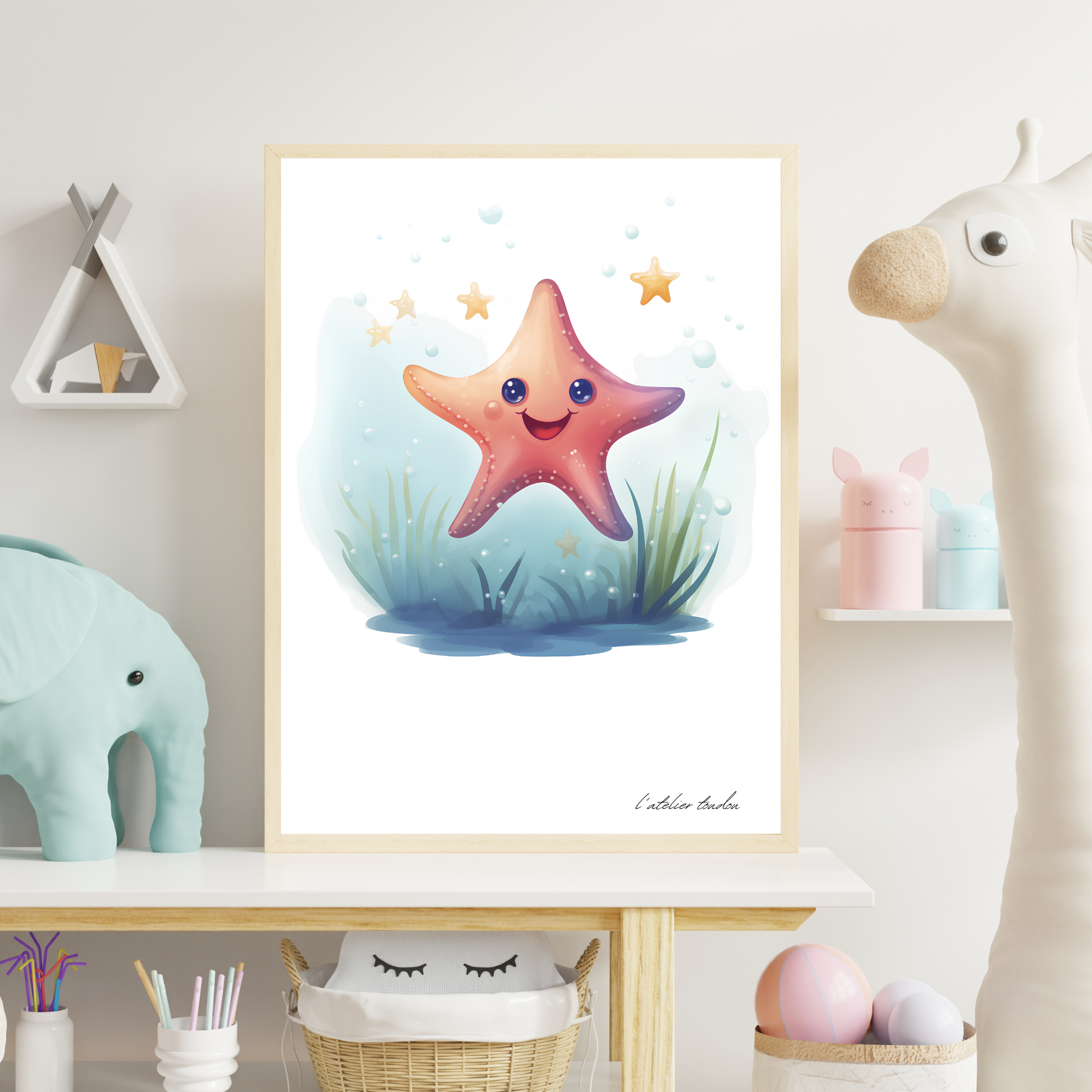 L'étoile de mer, décoration pour chambre enfant, chambre bébé illustration à offrir, thème marin, aquarelle
