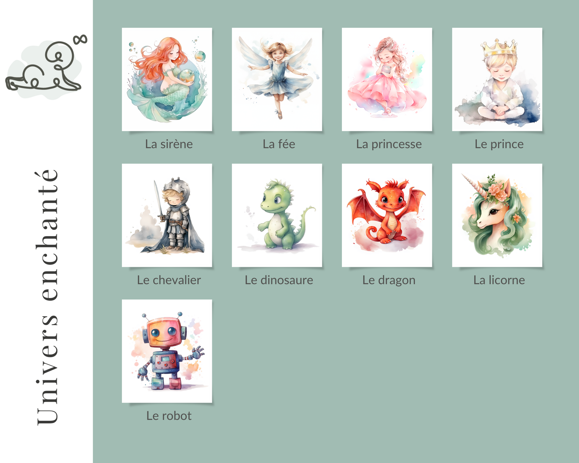 Illustration pour chambre d'enfant, bébé, collection univers enchanté, sirène, fée, princesse, prince, chevalier, dinosaure, dragon, licorne, robot