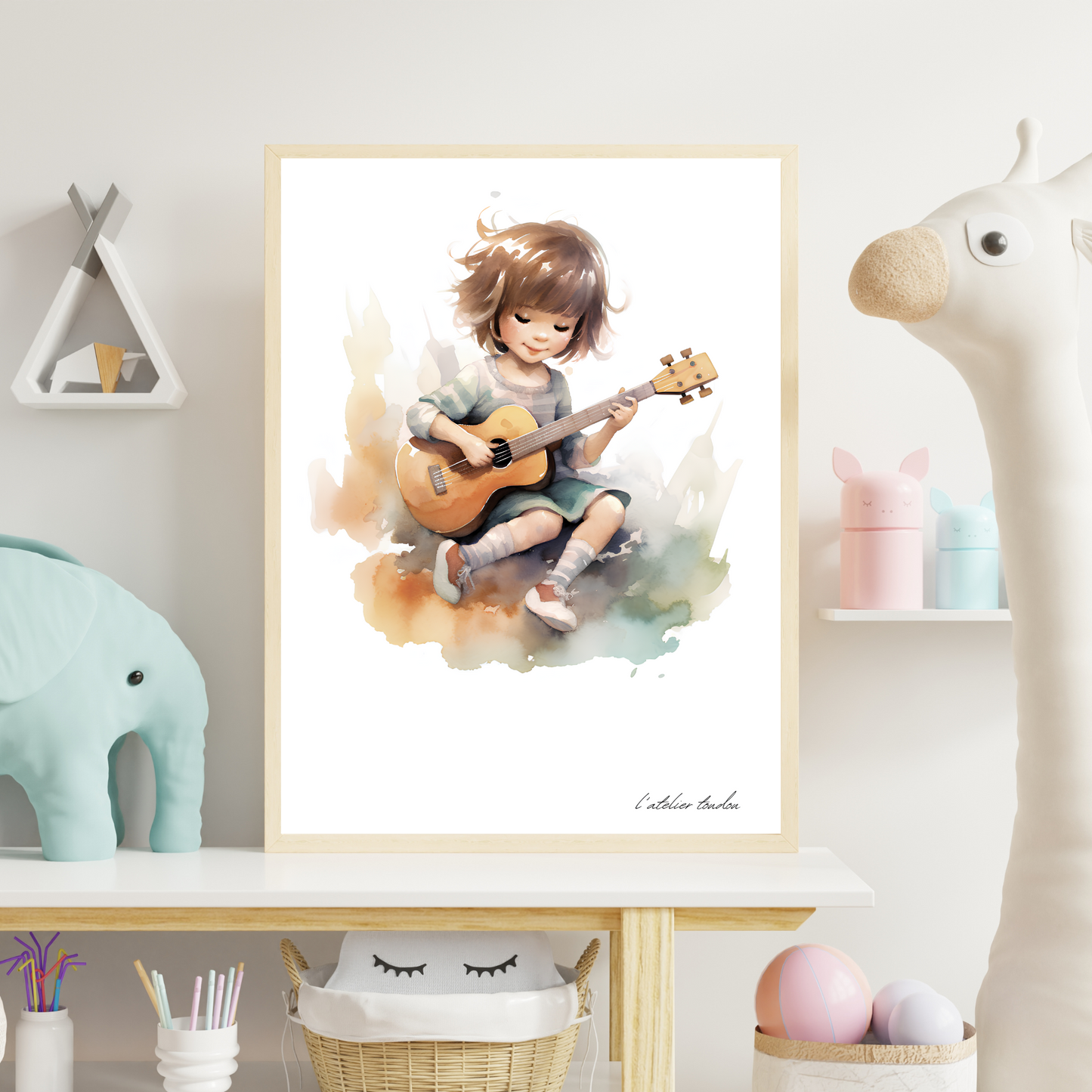 Guitare, guitariste, décoration pour chambre enfant, illustration à offrir, passion musique, aquarelle, petite fille