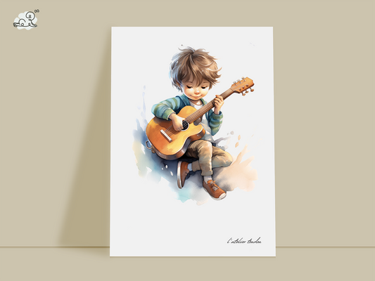 Guitare, guitariste, décoration pour chambre enfant, illustration à offrir, passion musique, aquarelle, petit garçon