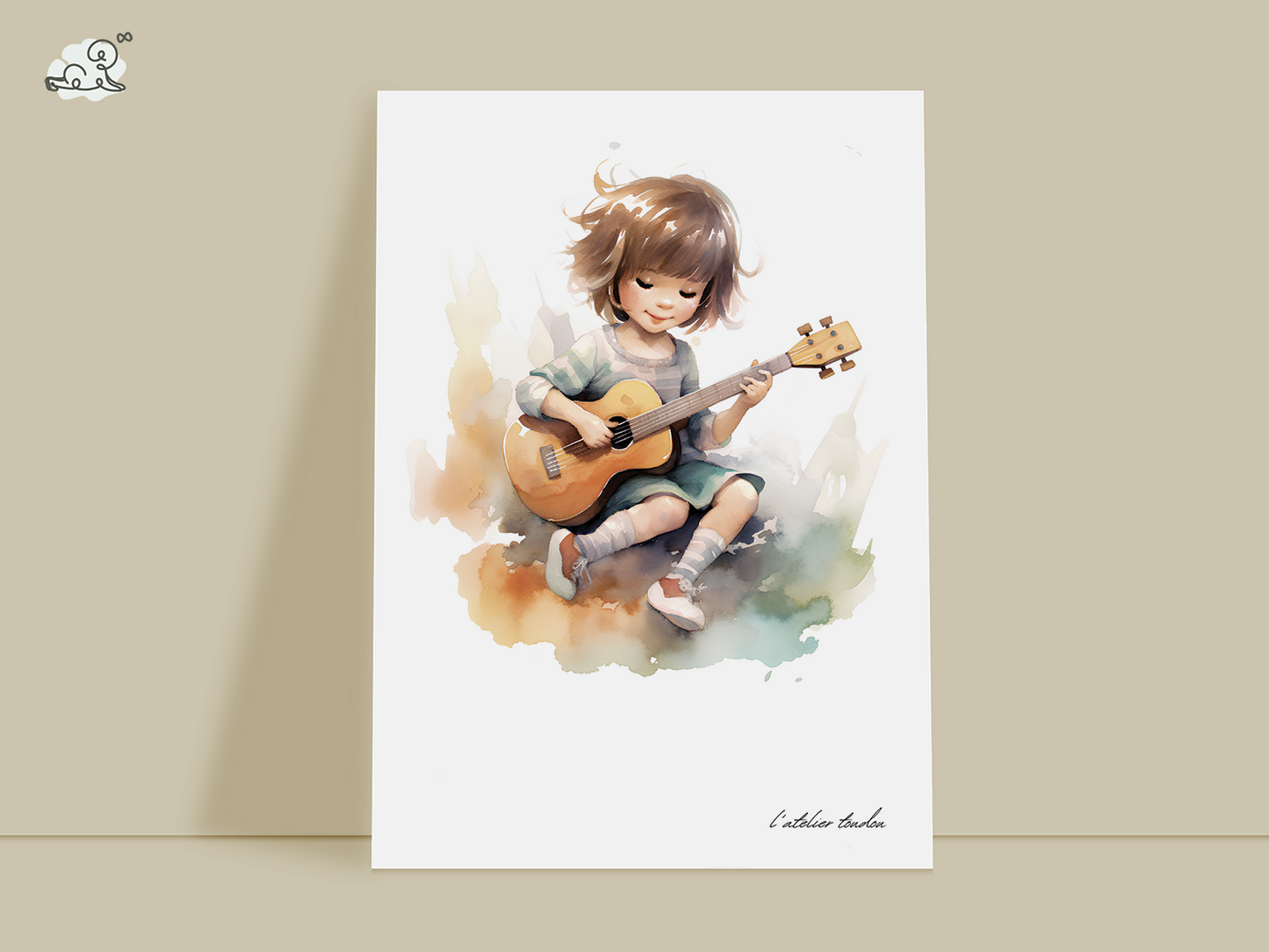 Guitare, guitariste, décoration pour chambre enfant, illustration à offrir, passion musique, aquarelle, petite fille