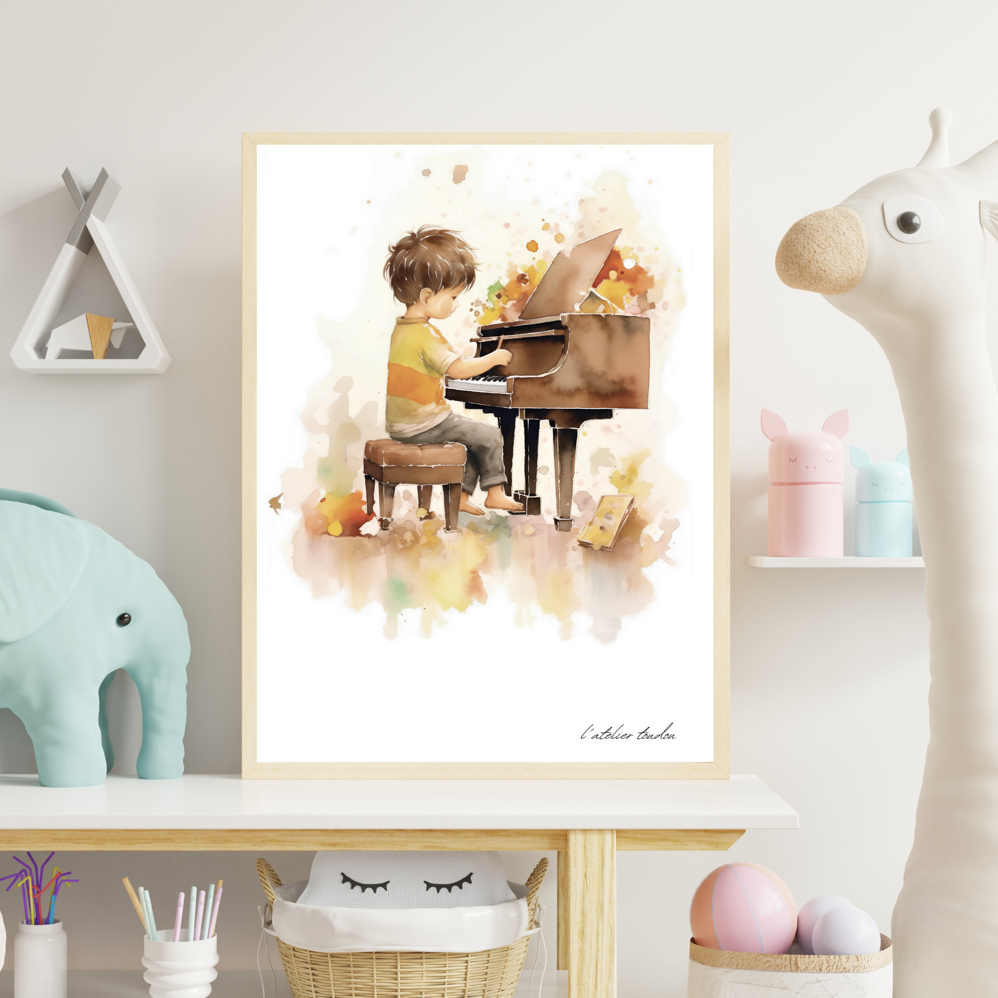 Piano, pianiste, décoration pour chambre enfant, illustration à offrir, passion musique, aquarelle, petit garçon