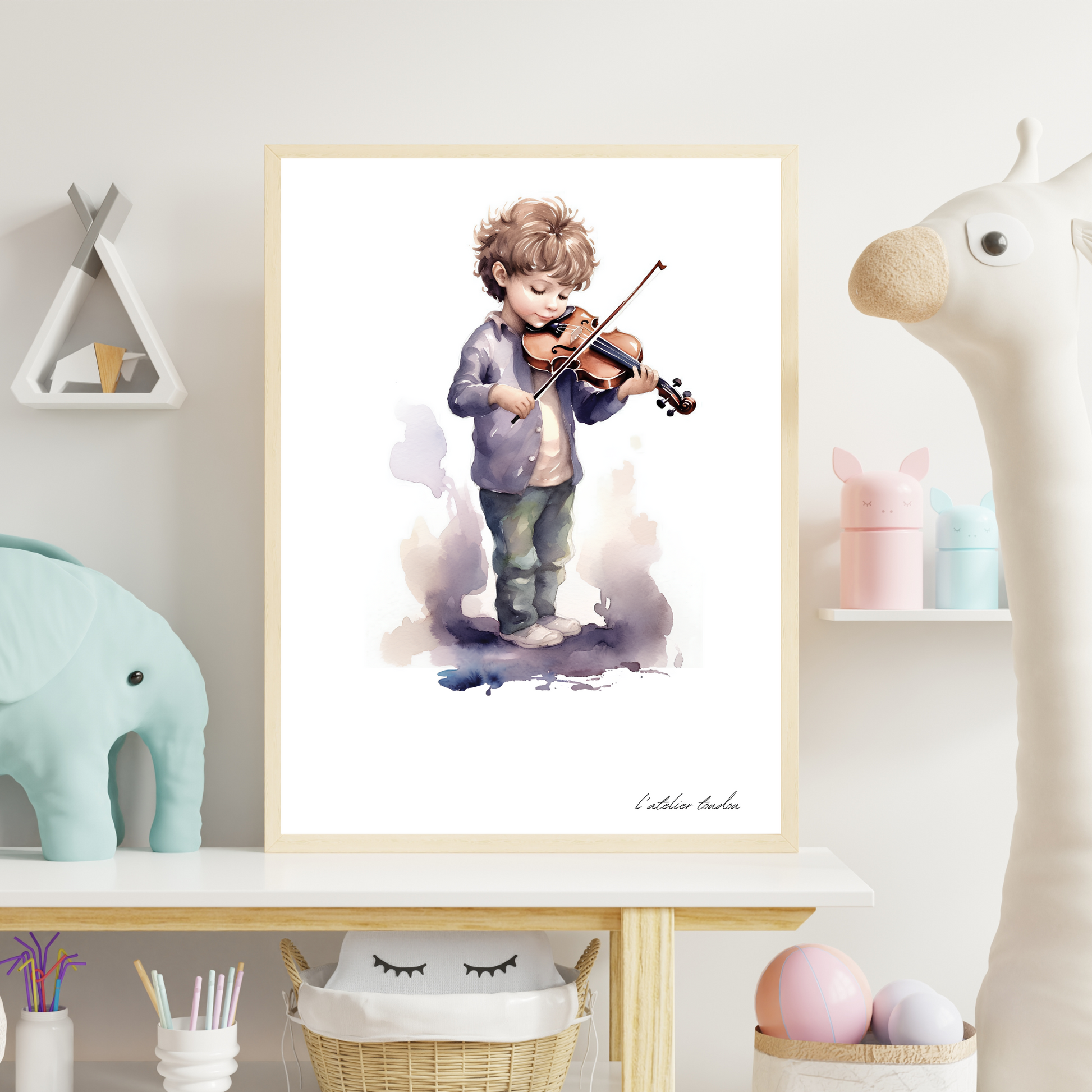 Violon, violoniste, décoration pour chambre enfant, illustration à offrir, passion musique, aquarelle, petit garçon