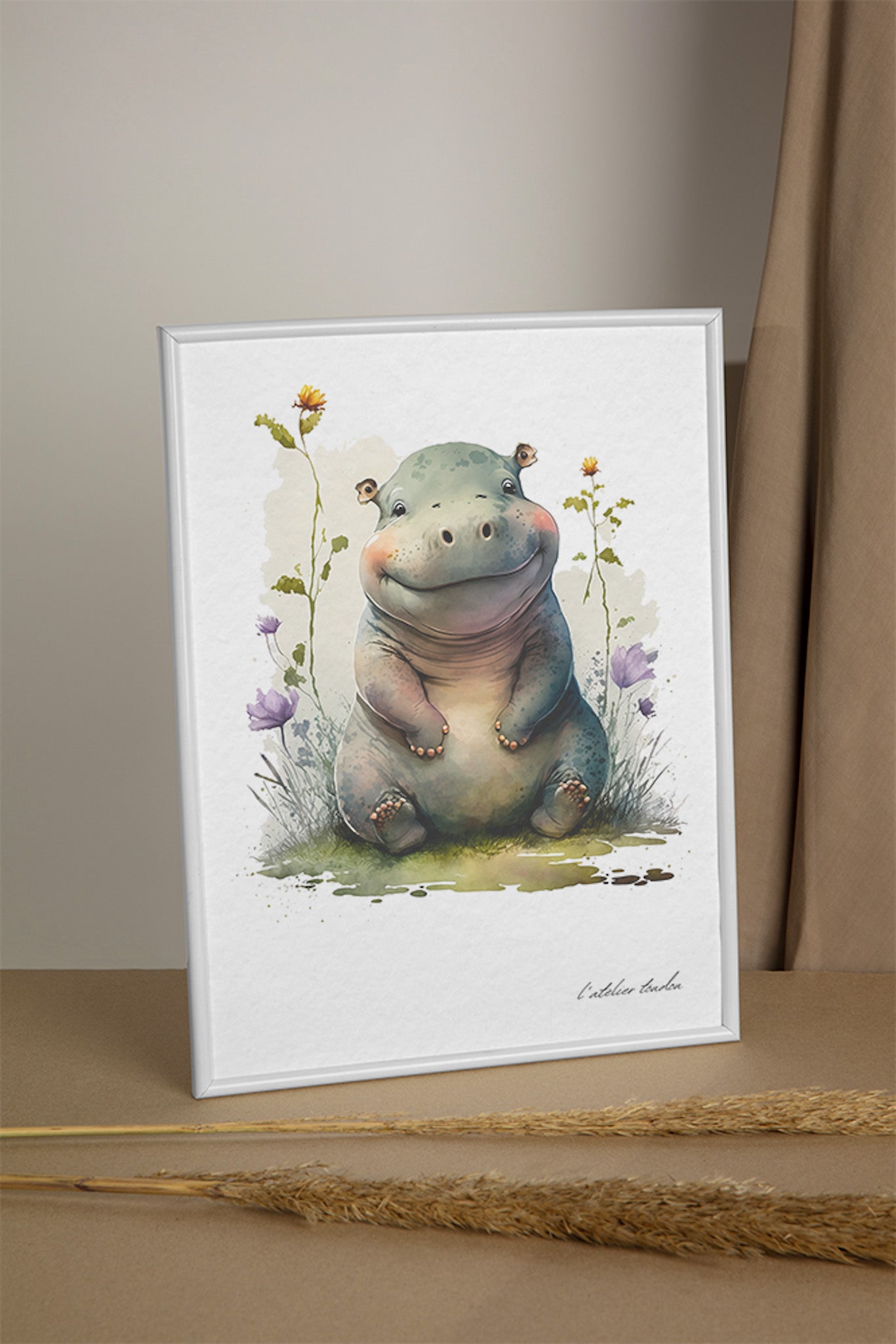 L'hippopotame, décoration chambre bébé, décoration chambre enfant, aquarel, illustration