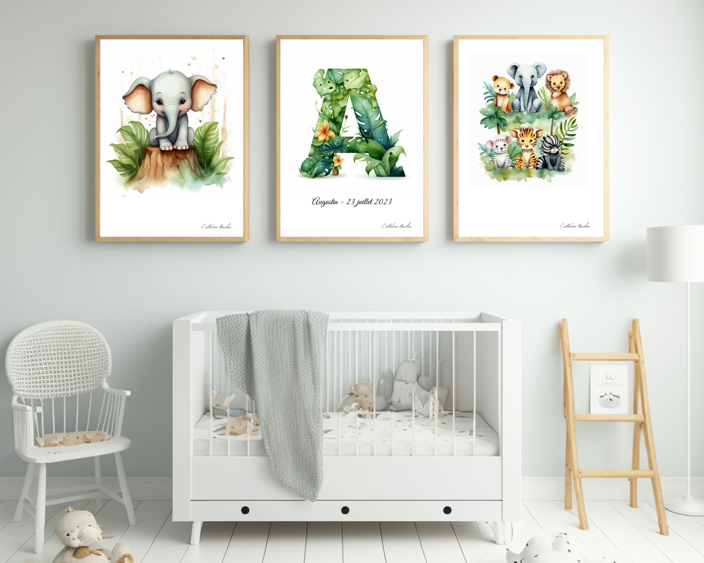 Décoration murale chambre bébé/enfant - Lot 3 illustrations - Thème animaux de la savane