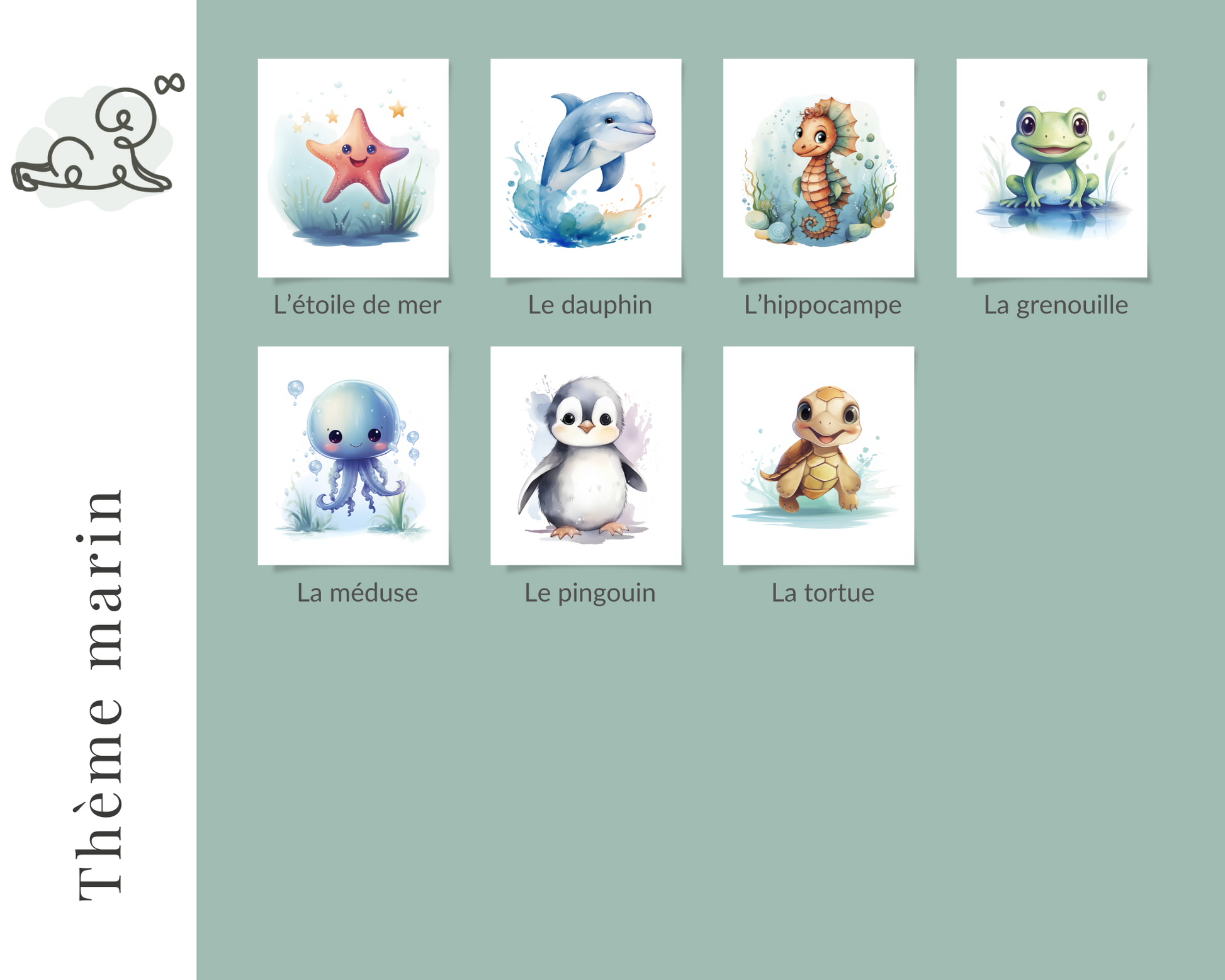 Illustration chambre enfant, Illustration chambre bébé, thème marin, étoile de mer, dauphin, hippocampe, grenouille, méduse, pingouin, tortue