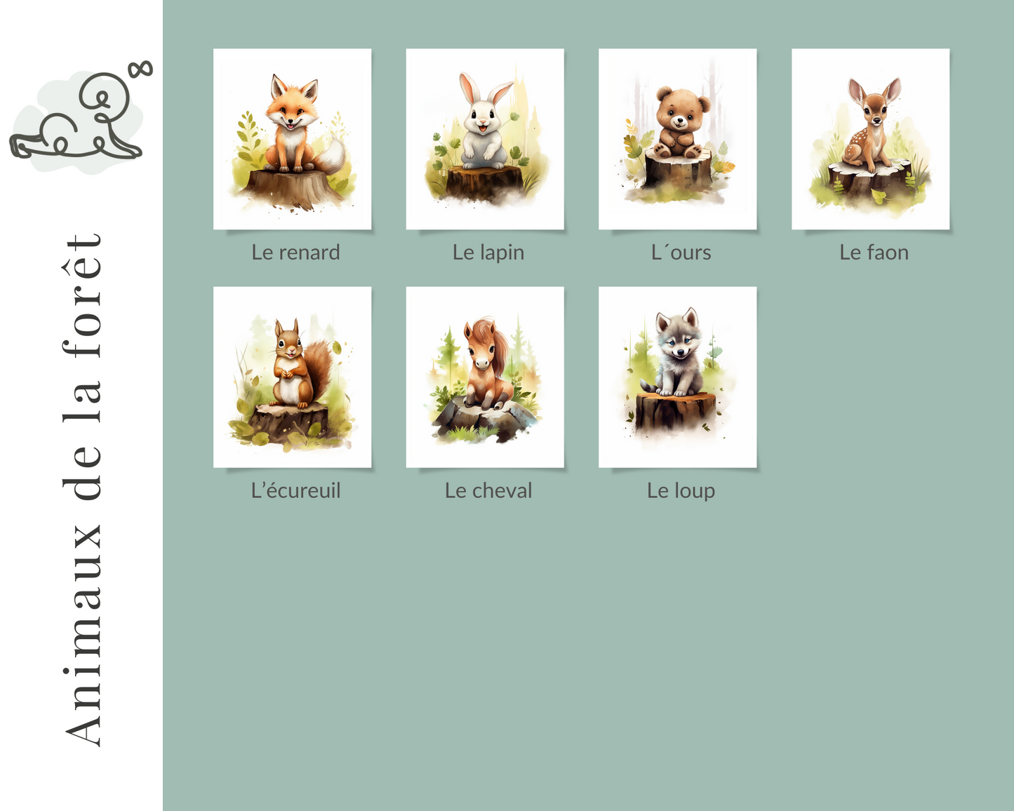 Illustration chambre enfant, Illustration chambre bébé, thème animaux de la forêt, renard, lapin, ourson, faon, écureuil, cheval, loup