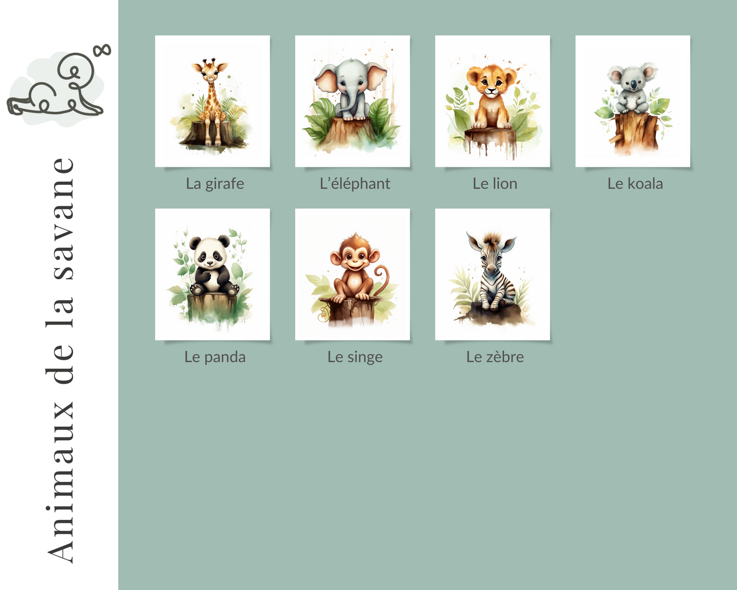 Illustration chambre enfant, Illustration chambre bébé, thème animaux de la savane, la girafe, l’éléphant, le singe, le koala, le panda, le lion et le zèbre