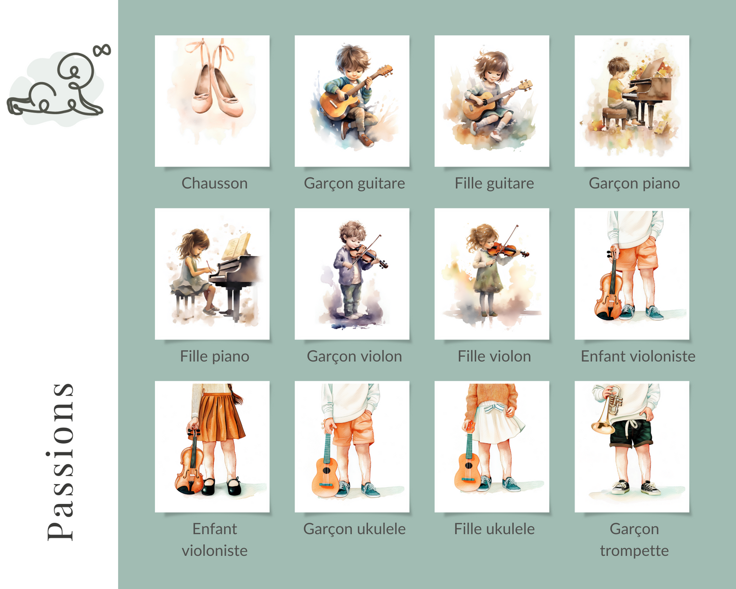 Illustration pour chambre d enfant, bébé, collection passions, piano, trompette, violon, flûte, saxophone, guitare, ukulele