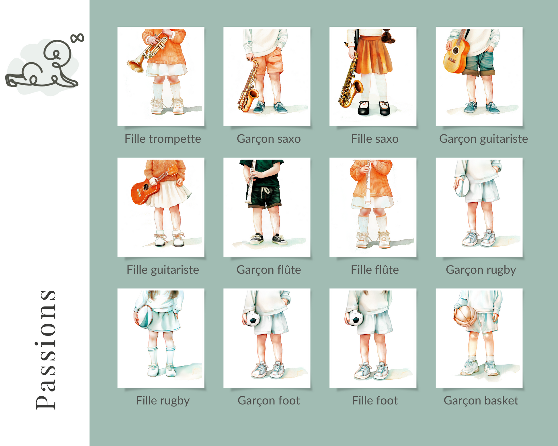Illustration pour chambre d enfant, bébé, collection passions, piano, trompette, violon, flûte, saxophone, guitare, ukulele