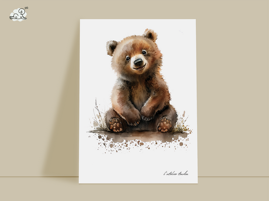 L'ours brun, décoration chambre bébé, décoration chambre enfant, aquarel, illustration
