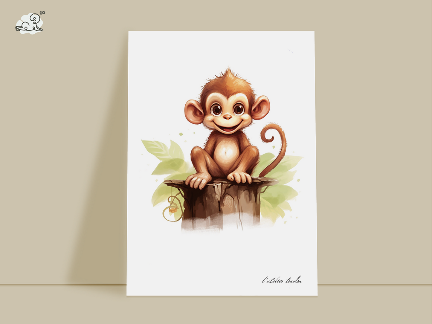 Le singe, décoration chambre bébé, décoration chambre enfant, aquarel, illustration