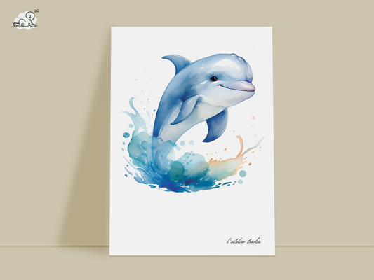 Le dauphin, décoration pour chambre enfant, chambre bébé illustration à offrir, thème marin, aquarelle