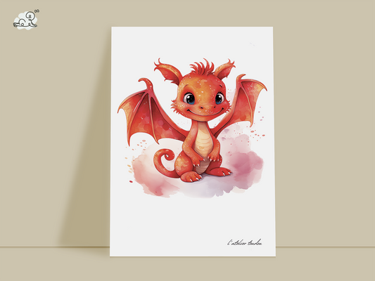 Le dragon, décoration pour chambre enfant, illustration à offrir, petit dragon rouge