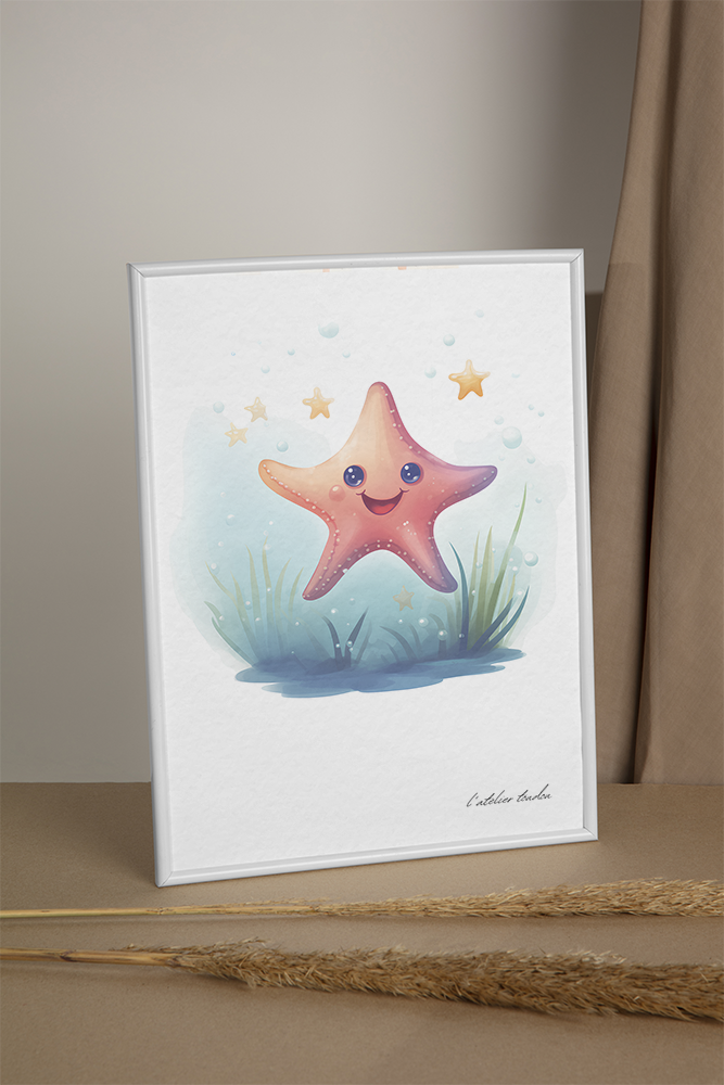 L'étoile de mer, décoration pour chambre enfant, chambre bébé illustration à offrir, thème marin, aquarelle
