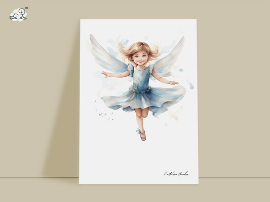La fée, décoration pour chambre enfant, illustration à offrir, petite fée bleu