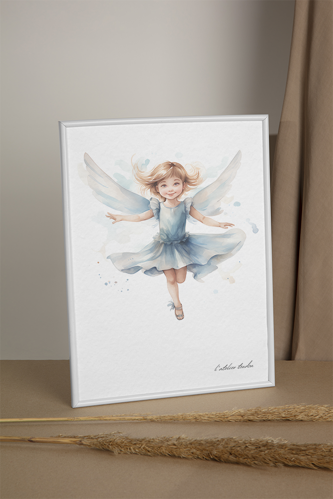 La fée, décoration pour chambre enfant, illustration à offrir, petite fée bleu