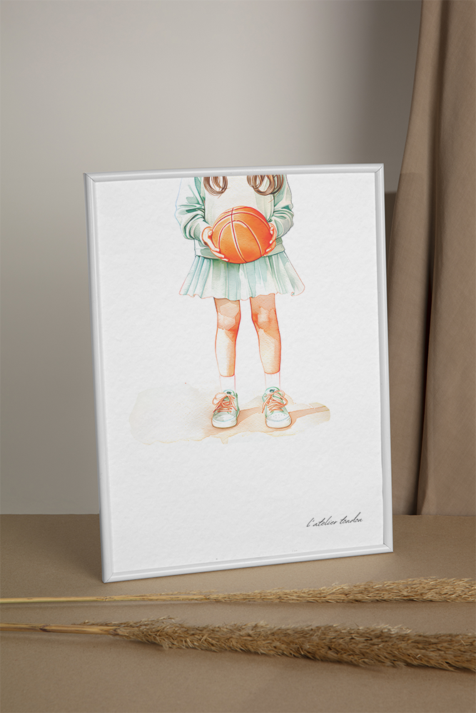 Basket, basketteuse, décoration pour chambre enfant, illustration à offrir, , personnalisé, passion sport, aquarelle, petite fille