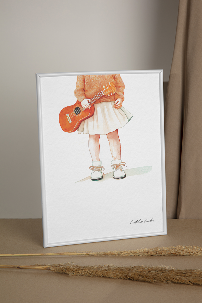 Guitare, guitariste, décoration pour chambre enfant, illustration à offrir, personnalisé, passion musique, aquarelle, petite fille