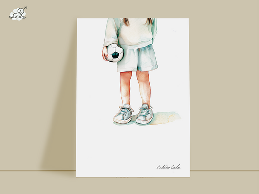 Football, footballeuse, ballon de foot, décoration pour chambre enfant, illustration à offrir, , personnalisé, passion sport, aquarelle, petite fille