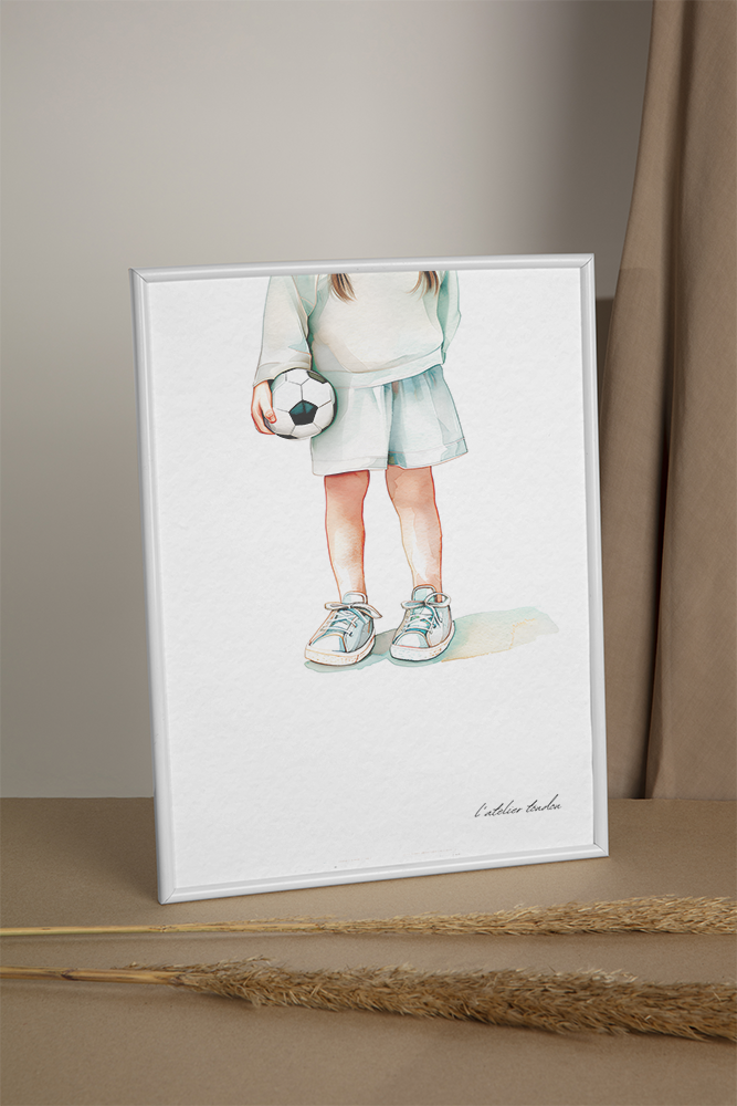 Football, footballeuse, ballon de foot, décoration pour chambre enfant, illustration à offrir, , personnalisé, passion sport, aquarelle, petite fille