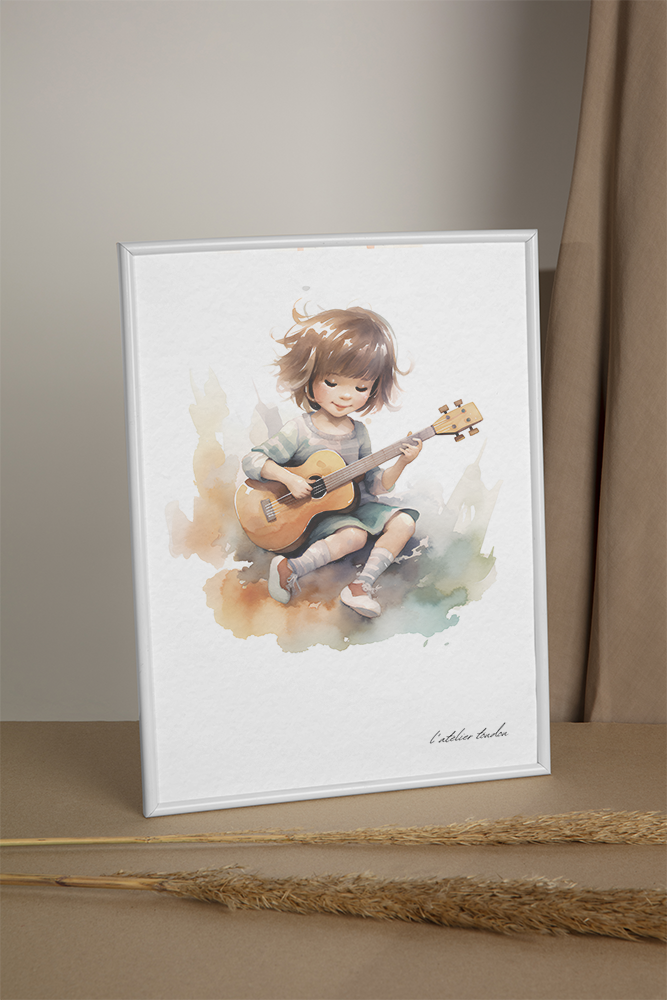 Guitare, guitariste, décoration pour chambre enfant, illustration à offrir, passion musique, aquarelle, petite fille