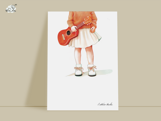 Guitare, guitariste, décoration pour chambre enfant, illustration à offrir, personnalisé, passion musique, aquarelle, petite fille