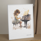 Piano, pianiste, décoration pour chambre enfant, illustration à offrir, passion musique, aquarelle, petite fille