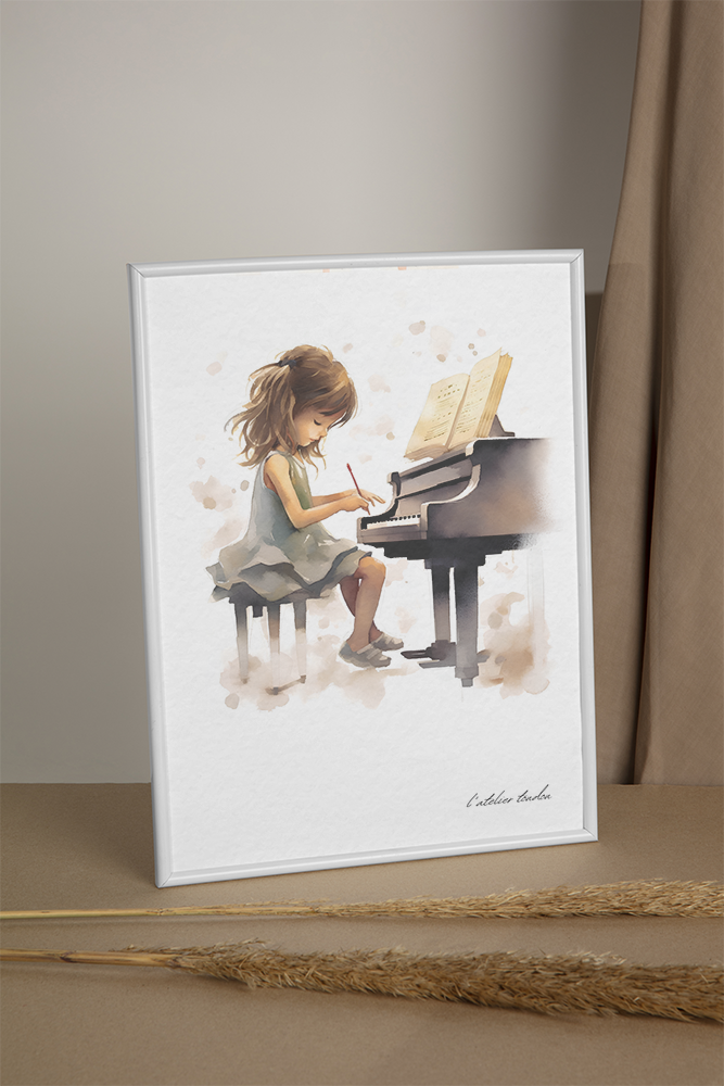 Piano, pianiste, décoration pour chambre enfant, illustration à offrir, passion musique, aquarelle, petite fille