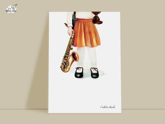 Saxophone, saxophoniste pour chambre enfant, illustration à offrir, personnalisé, passion musique, aquarelle, petite fille