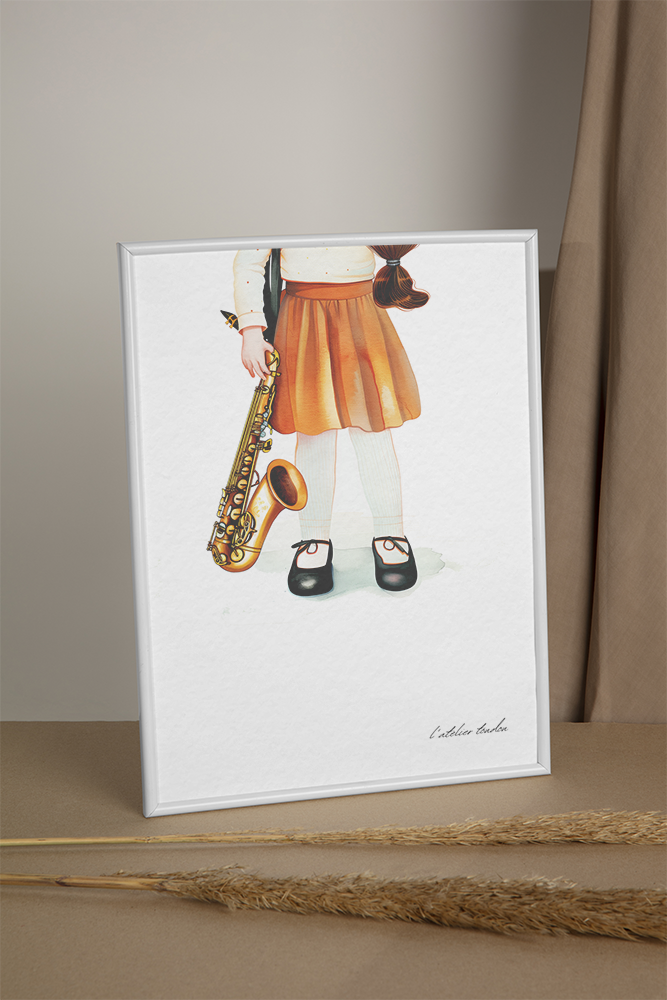 Saxophone, saxophoniste pour chambre enfant, illustration à offrir, personnalisé, passion musique, aquarelle, petite fille