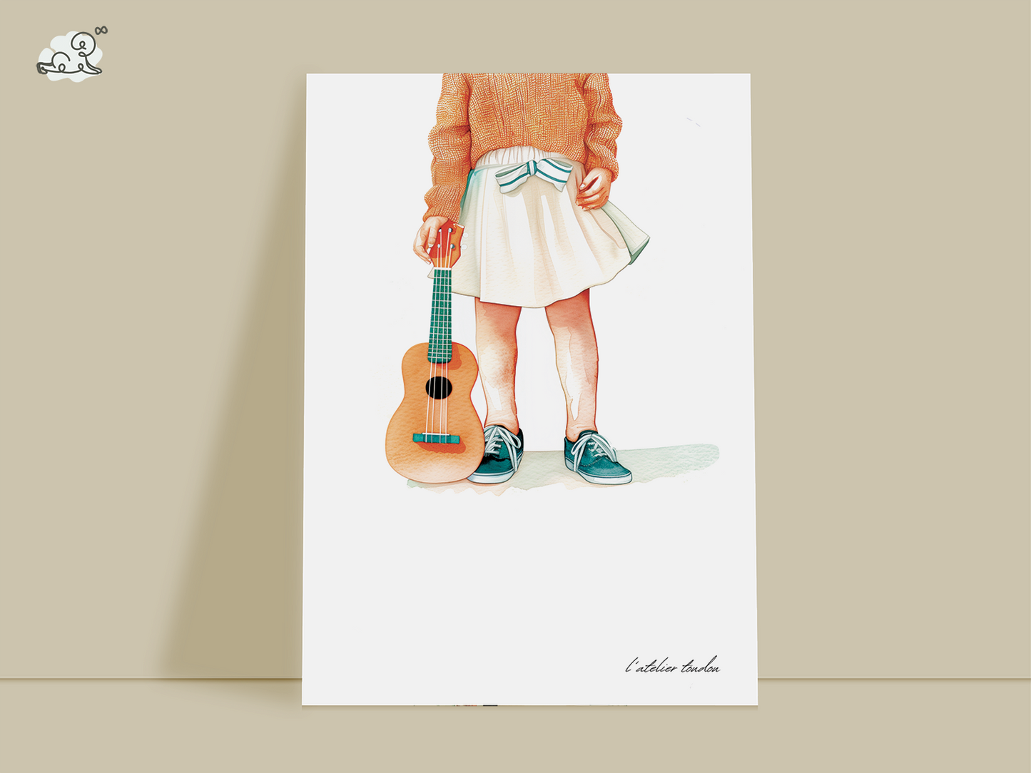 Ukulele, décoration pour chambre enfant, illustration à offrir, personnalisé, passion musique, aquarelle, petite fille